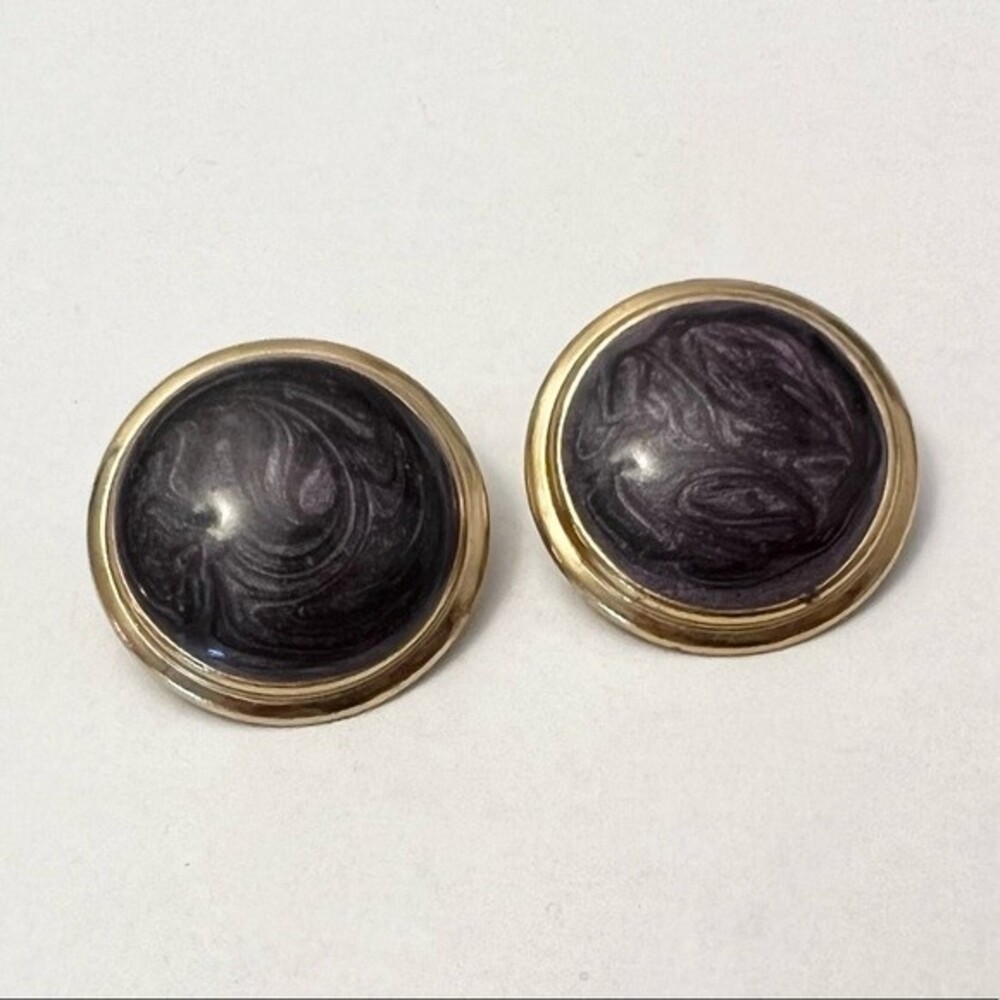 80s Vintage Button Earrings Oversized Gold Tone Purple Swirl Circle Studs